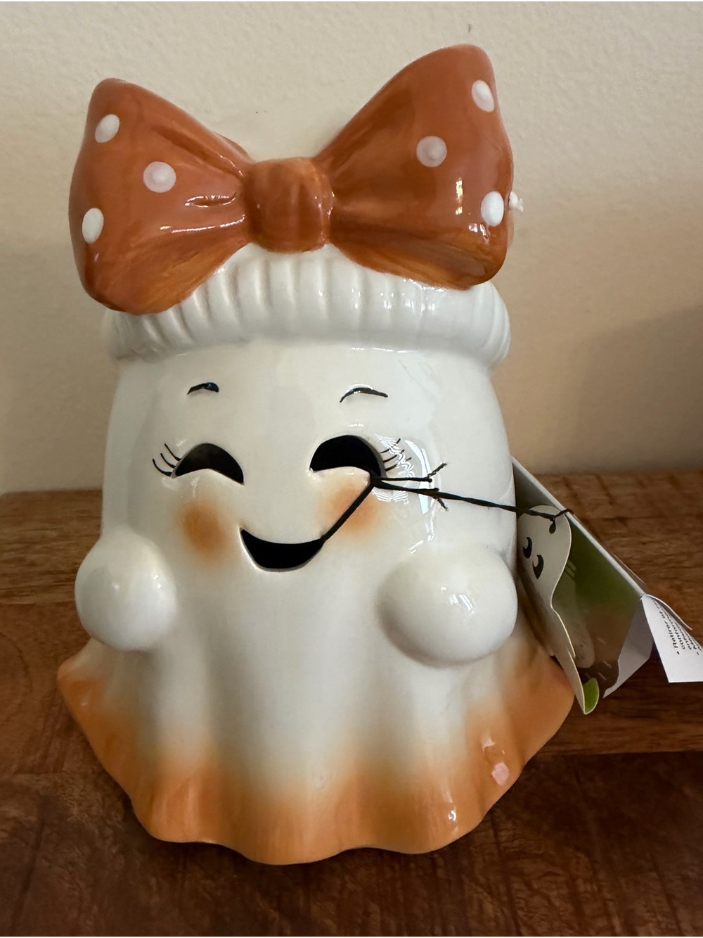 Holiday Ghost Ceramic Figure with Orange Bow - Lights Up